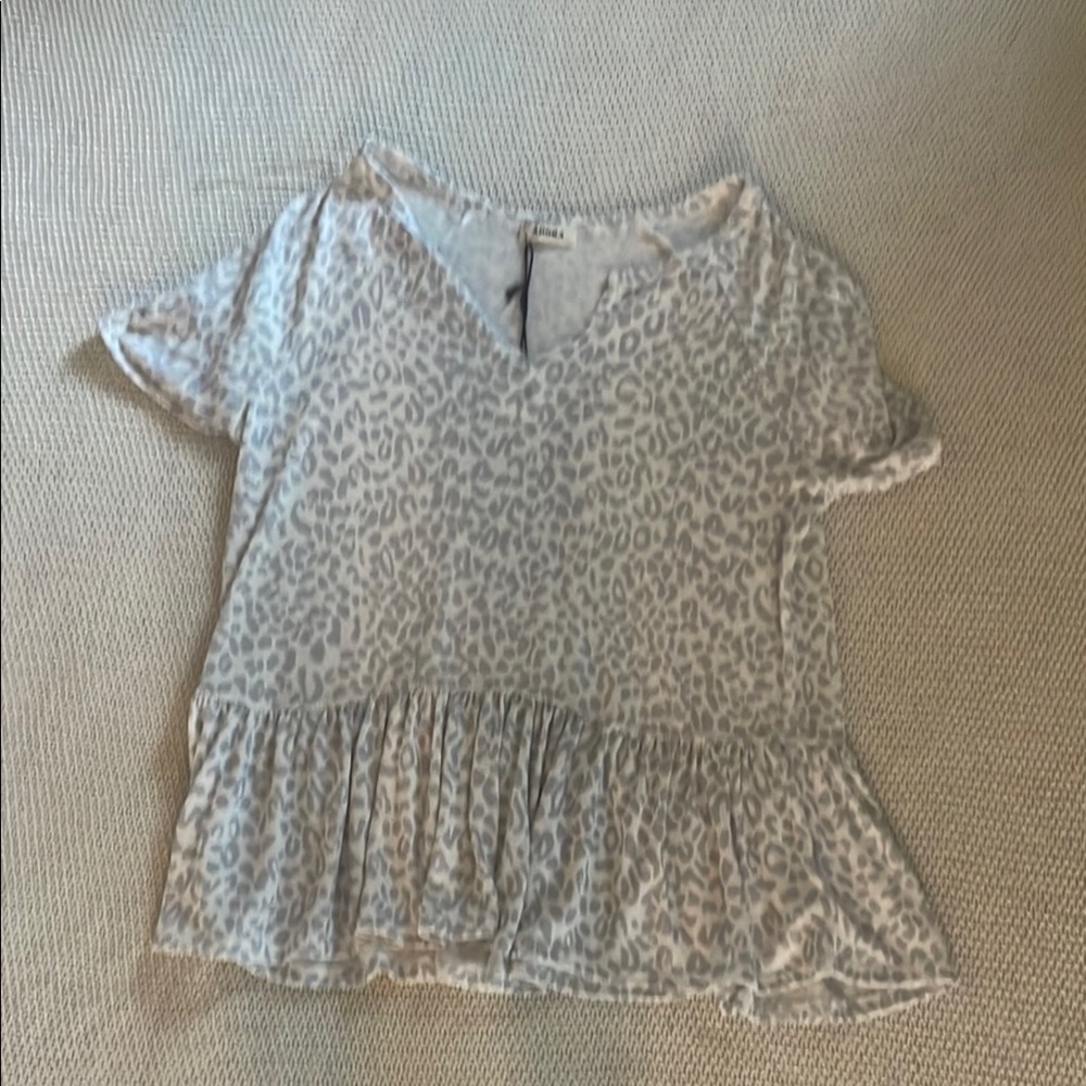 ADORA Tan and Gray Ruffled Peplum Blouse